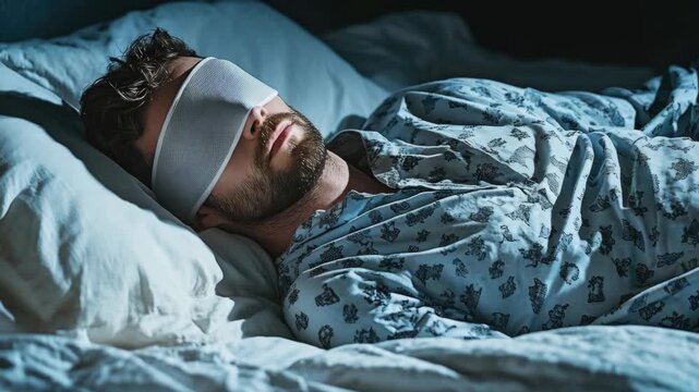 Man sleeps with eye mask, wrapped in patterned pajamas. Bedding soft, blue-toned, dimly lit. Stillness surrounds, quiet, peaceful night. Eyebrow and beard detail, relaxed facial expression