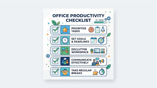 Office productivity checklist vector, business task management infographic, professional workflow organization and time management goals layout
