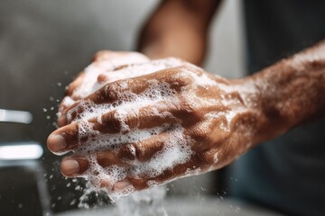 Fototapeta premium African American hands washing with soap and bubbles. Hygiene, wellness and daily self-care routine concept