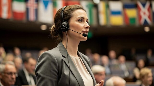 Professional female conference interpreter wearing headset translating at international meeting with flags in background