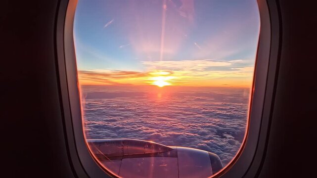 Sunset view from airplane window ideal for travel vlogs and eco-friendly campaigns
