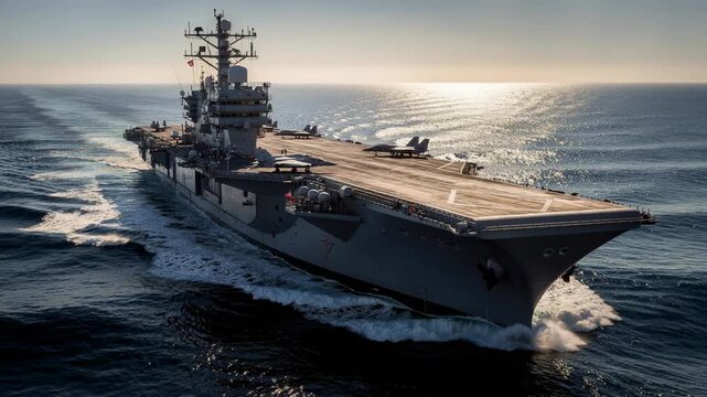Large aircraft carrier sailing on calm ocean with fighter jets on deck during sunset