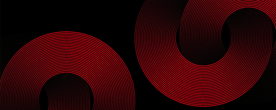 3D red black dynamic techno background on dark space. Tech banner with rotating circles style decoration. Modern graphic design element. Motion lines concept