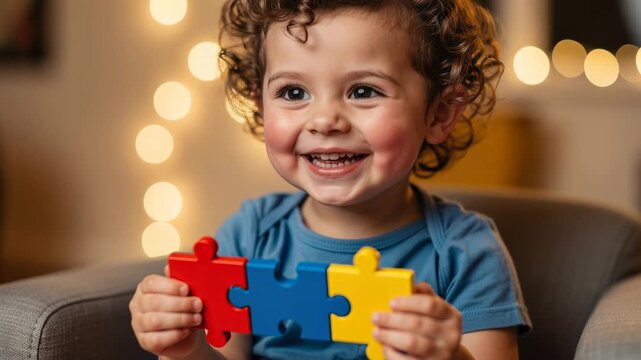 Happy toddler playing with colorful puzzle pieces indoors smiling joyful child learning and having fun