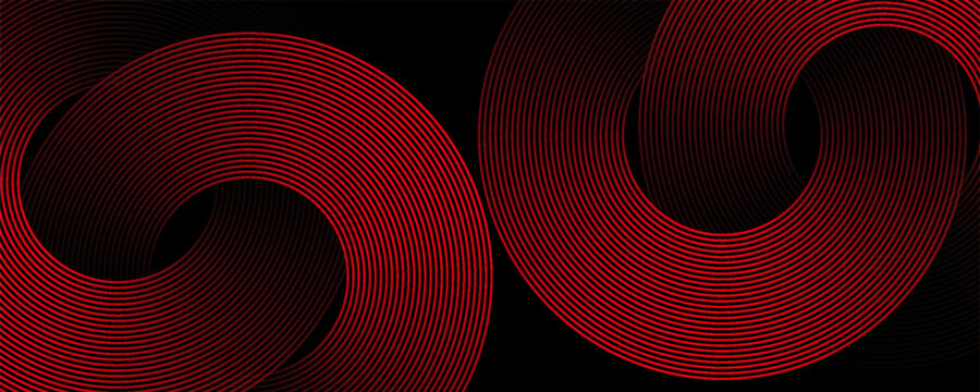 3D red black dynamic techno background on dark space. Tech banner with rotating circles style decoration. Modern graphic design element. Motion lines concept