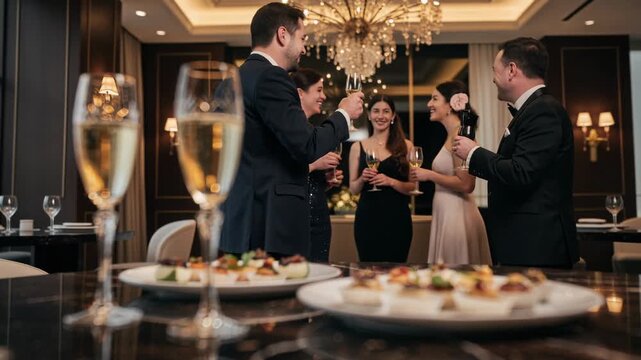 Elegant champagne glasses and gourmet appetizers at a sophisticated party celebration with people socializing in the background