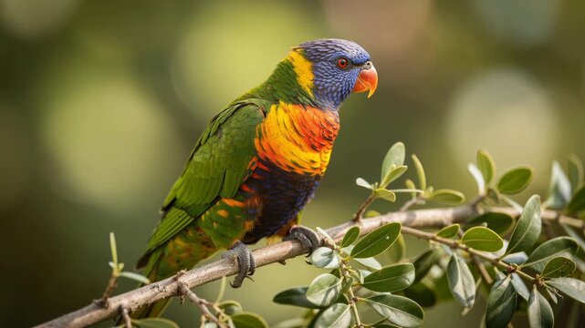 Colorful rainbow lorikeet perched on a branch in natural green habitat with vibrant feathers and detailed close-up