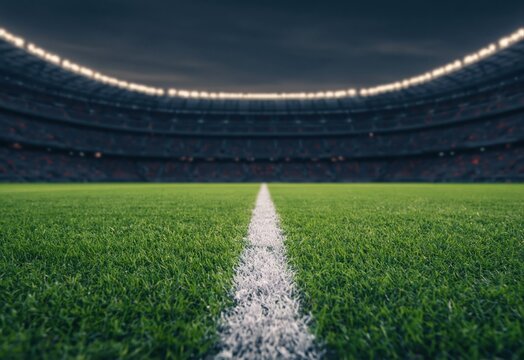 Low angle perspective of professional soccer stadium pitch at night featuring bright floodlights and white line on green grass field. High quality photo
