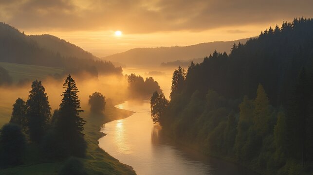 Sunrise over misty river valley, scenic landscape, travel poster
