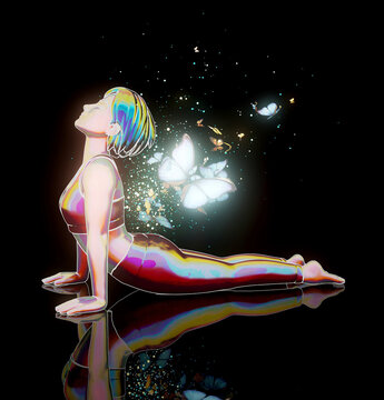 Conceptual 3D illustration of a woman practicing yoga urdhva mukha svanasana with butterflies