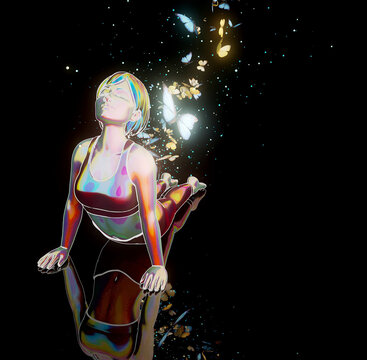 Conceptual 3D illustration of a woman practicing yoga urdhva mukha svanasana with butterflies