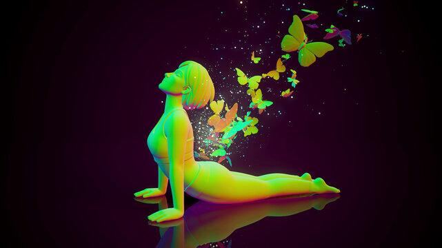 Conceptual 3D illustration of a woman practicing yoga urdhva mukha svanasana with butterflies