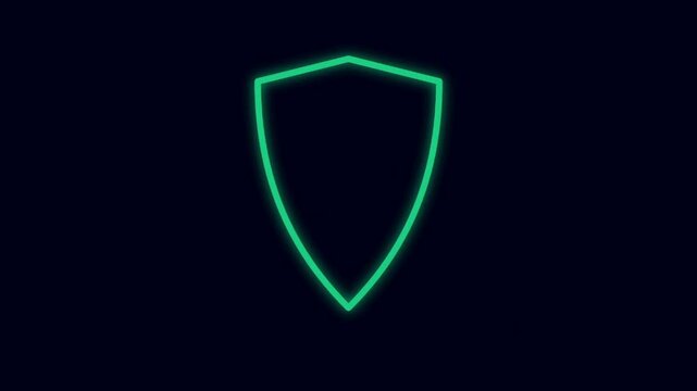 Minimalist glowing green neon shield outline a futuristic icon symbolizing digital security protection and data safety on a dark background