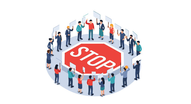 Isometric illustration shows a diverse group of activists gathered around a giant stop sign to protest and voice social concerns.