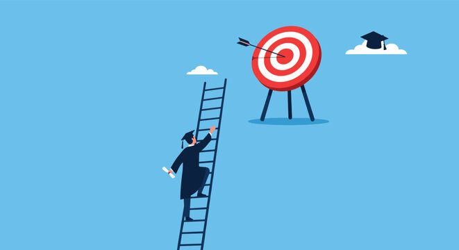 Determined graduate in academic regalia climbs a ladder toward a high target to achieve career goals and educational success.
