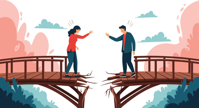 Man and woman attempt to bridge their differences and reconnect across a broken wooden bridge in a metaphorical landscape.