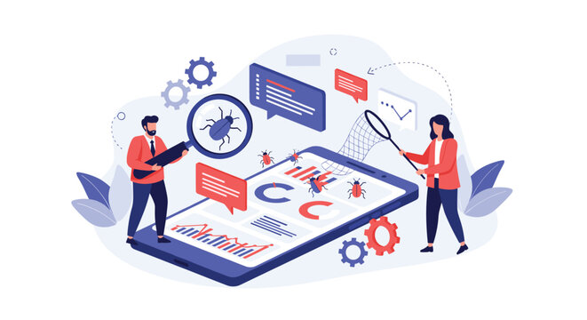Quality assurance specialists use magnifying glasses to detect and fix software bugs on a mobile application interface with charts.