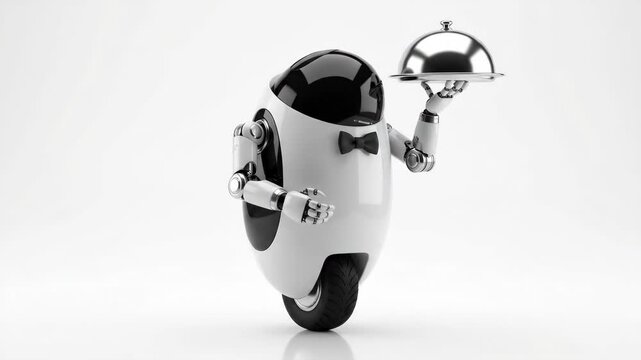 Robot waiter tray cloche bowtie service hospitality restaurant technology automation. robot, assistant cyborg service, futuristic automation to home technology, robotic modern chef kitchen food