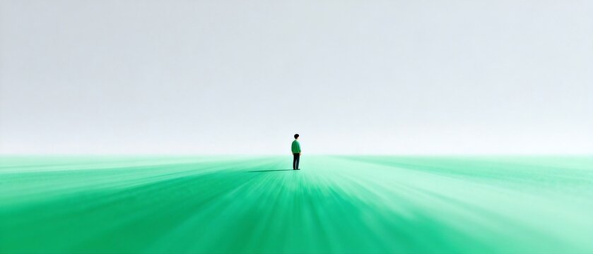 Minimalist Figure in Vast Green Landscape