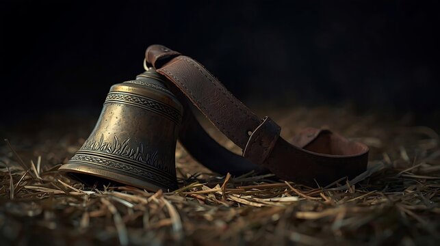 Antique brass cowbell attached to a leather strap resting on hay