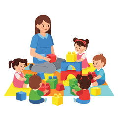 Obraz premium A caring teacher supervises a group of diverse young children engaged in building with colorful blocks on a mat.