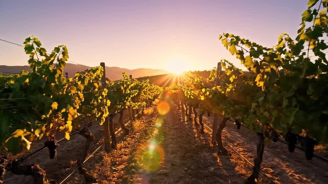 Sunset over a vineyard with rows of grapevines ideal for travel vlogs and eco-friendly campaigns