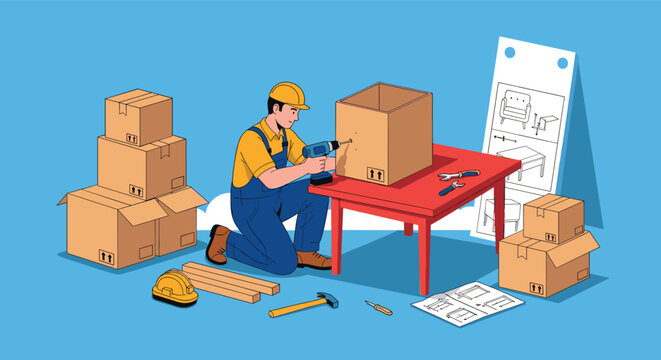Professional handyman in uniform assembles flat pack cardboard furniture using an electric drill in a blue workspace.