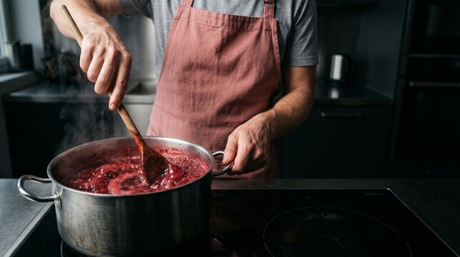 Man cooking fruit jam in a pot on a modern kitchen stove.