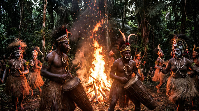 Papuan Tribal Dancers Performing with Tifa Drums in Ceremonial Dress Under Firelight at Night