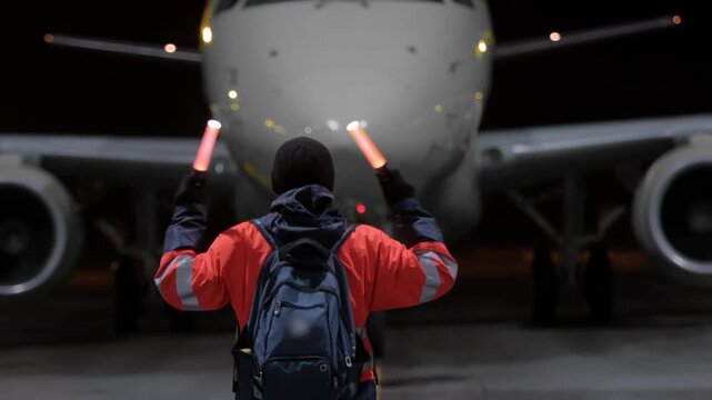 Airplane at night evening marshaling airfield runway. Airport terminal maintenance ground crew aircraft. Preparing for departure takeoff. Safety. Technician worker marshalls man.