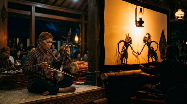 Rebab Player Performing Behind Wayang Kulit Screen with Shadow Puppet Orchestra at Dusk