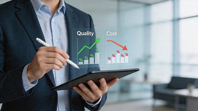 Businessman holding tablet drawing future success chart with digital hologram interface showing increasing quality and decreasing cost performance indicators in modern corporate