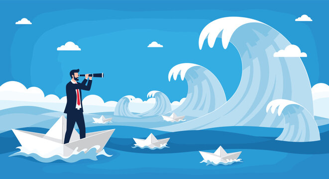 Businessman standing in a fragile paper boat using a telescope to navigate through huge waves in a vast blue ocean.