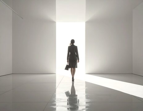 A woman in a black outfit walks towards a bright light