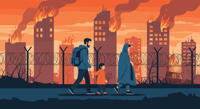 Family of refugees walking along a barbed wire fence with a burning city and destroyed buildings in the background.