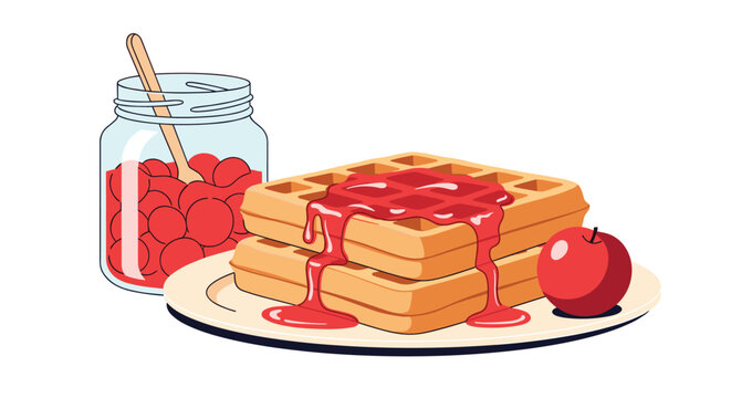 Stack of delicious golden waffles covered in red syrup served on a plate next to a jar of cherry jam and a fresh apple.