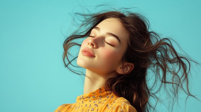 Portrait of beautiful woman with long orange hair,Girl flicking her hair ,Wind blowing hair and make mess with it by covering her facehair flying in the wind,Beauty Portrait.