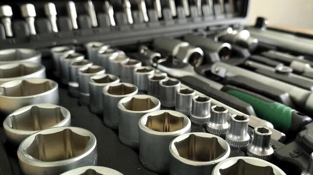 Ratchet attachments in a close-up tool case in a car repair shop, garage. Repair Technician Tool Kit
