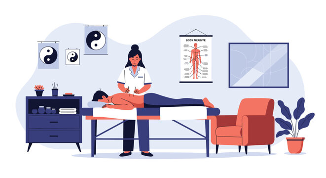 Professional female doctor performing an acupuncture session on a male patient in a traditional wellness clinic.