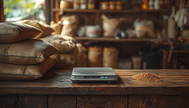 Modern digital scale on a rustic wooden table in a traditional Indonesian store
