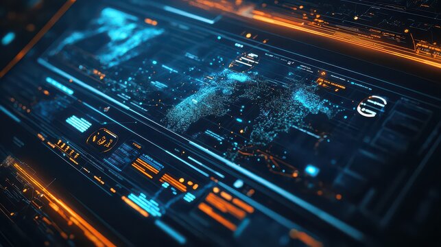Futuristic digital city map visualization with glowing data points and neon lights representing climate roadmap