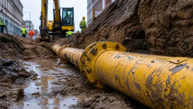 construction pipe laying in urban excavation with heavy machinery