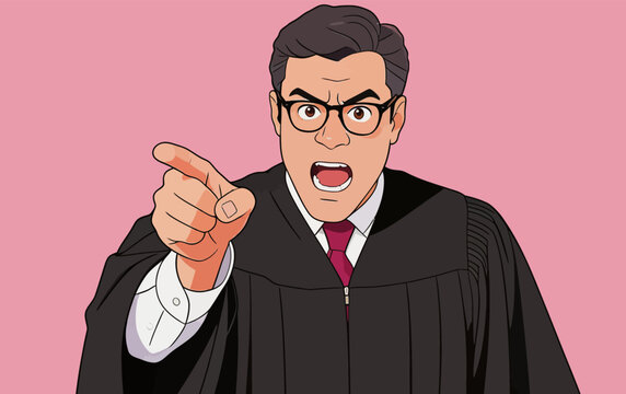 Angry Male Judge Pointing and Shouting in Court Illustration