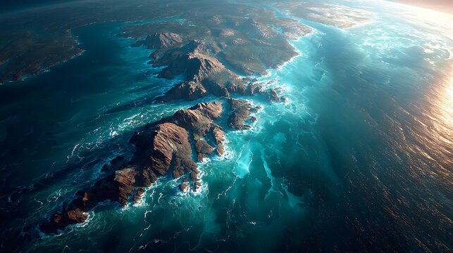 Dramatic aerial view of rugged. rocky coastline with turquoise ocean waves crashing against cliffs