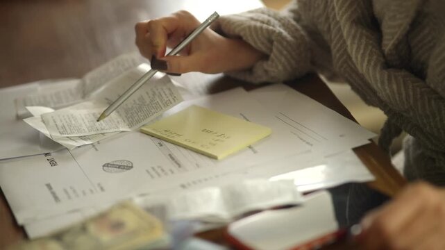 Checking Financial Bills And Receipts. Managing Home Budget And Monthly Payments. Analyzing Finance Data