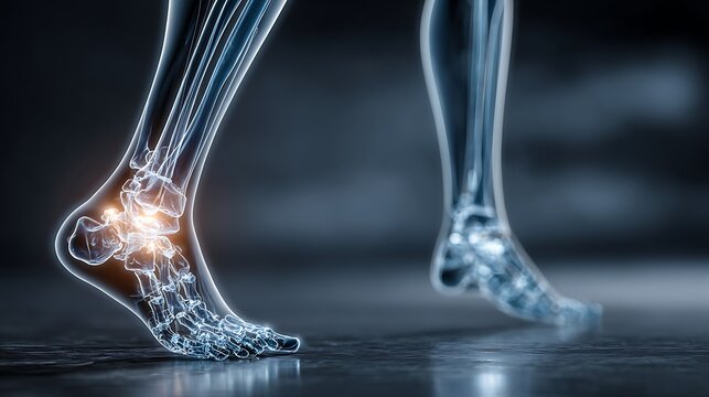 Anatomical 3D render of human legs and feet showing bones and joints with highlighted ankle pain