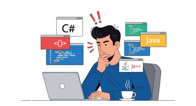 Software developer feeling confused and stressed while working on complex programming code with multiple language windows.