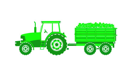 Obraz premium Green Tractor Pulling Trailer Full of Vegetables Isolated on White Background