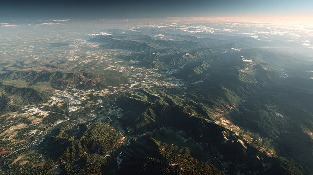 Aerial view of lush green mountain ranges with scattered settlements and cloud formations at sunri