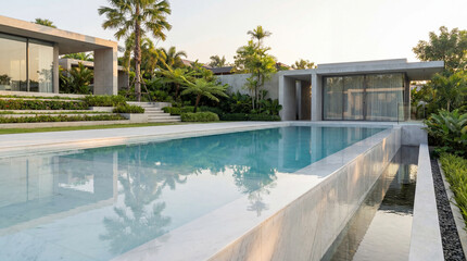 Fototapeta premium Pool with Tranquil Water Clean White Marble Finish Modern Architecture Framing Tropical View